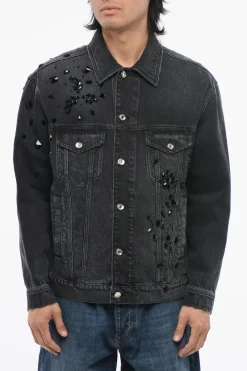 Best Giubbotto in Denim con Cristalli in Applicazione e Dettagli Vintage Uomo Giubbotti