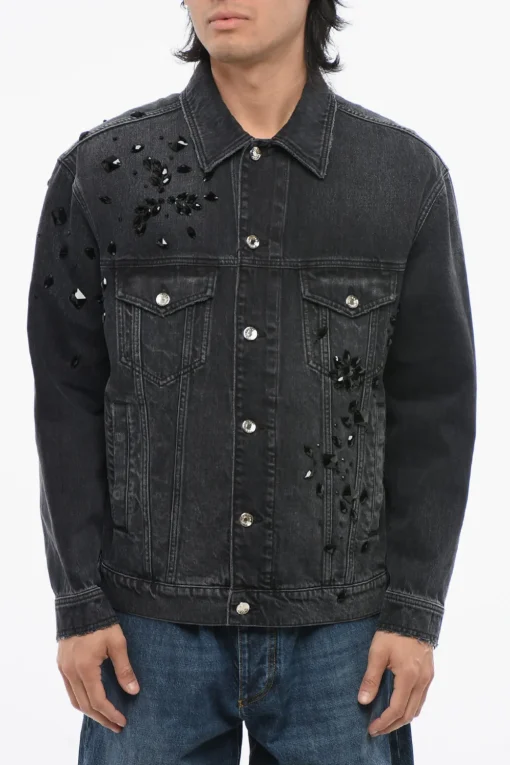 Best Giubbotto in Denim con Cristalli in Applicazione e Dettagli Vintage Uomo Giubbotti