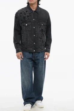 Best Giubbotto in Denim con Cristalli in Applicazione e Dettagli Vintage Uomo Giubbotti