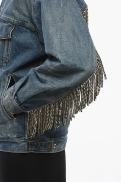Best Giubbotto in Denim con Interno in Shearling e Frange in Cristallo Uomo Giubbotti