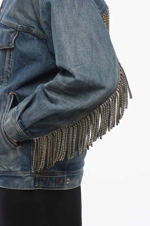 Best Giubbotto in Denim con Interno in Shearling e Frange in Cristallo Uomo Giubbotti