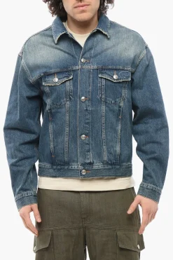 Clearance Giubbotto in Denim Delavè con Taschini Uomo Giubbotti