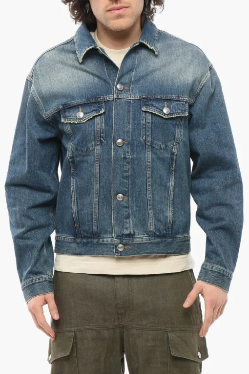 Clearance Giubbotto in Denim Delavè con Taschini Uomo Giubbotti