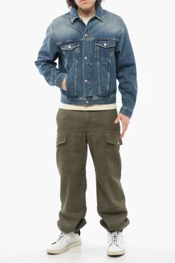 Clearance Giubbotto in Denim Delavè con Taschini Uomo Giubbotti