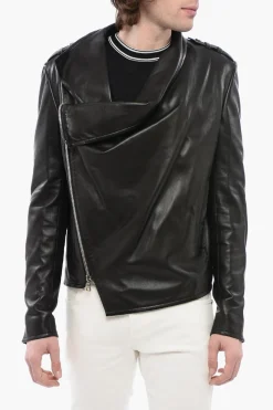 Giubbotto in Pelle con Zip Decentrata e Drappeggio Frontale>Balmain New