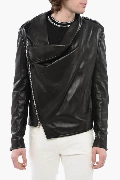 Giubbotto in Pelle con Zip Decentrata e Drappeggio Frontale>Balmain New