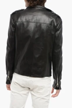 Giubbotto in Pelle con Zip Decentrata e Drappeggio Frontale>Balmain New