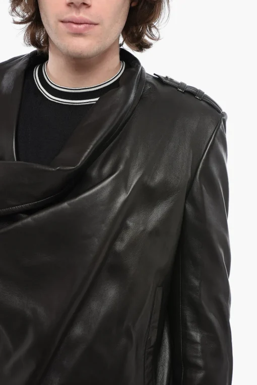 Giubbotto in Pelle con Zip Decentrata e Drappeggio Frontale>Balmain New
