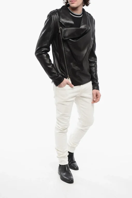 Giubbotto in Pelle con Zip Decentrata e Drappeggio Frontale>Balmain New