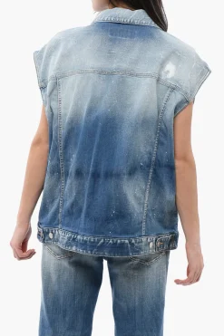 New Giubbotto Smanicato in Denim con Dettagli Distressed Donna Giubbotti