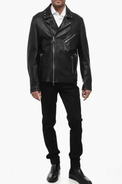 Online Giubbottto Chiodo in Pelle con Applicazione Borchie Uomo Giubbotti