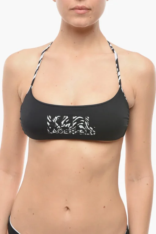 Halter Top Bikini in Tinta Unita con Dettagli a Fantasia Animalier>Karl Lagerfeld Online