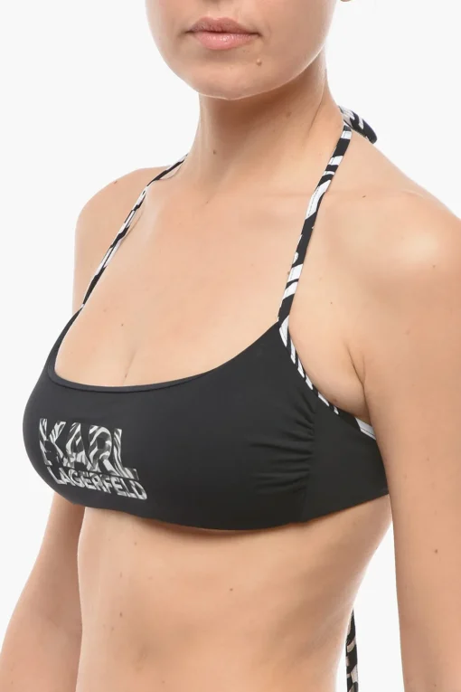 Halter Top Bikini in Tinta Unita con Dettagli a Fantasia Animalier>Karl Lagerfeld Online