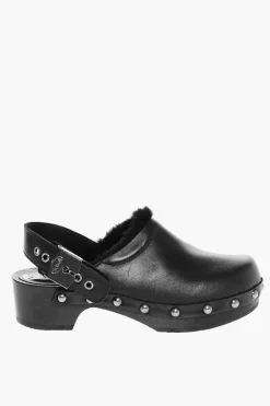 Discount HFD Clogs PESCURA MAYA in Pelle con Borchie e Interno in Ecopelliccia Tacco 5cm Donna Scarpe Con Tacco