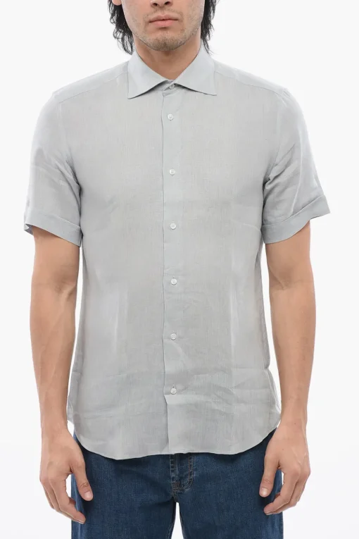 ID Camicia a Maniche Corte in Lino con Collo Francese>Corneliani Fashion
