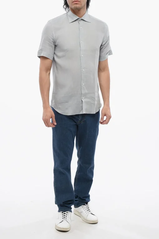 ID Camicia a Maniche Corte in Lino con Collo Francese>Corneliani Fashion