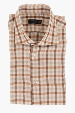 ID Camicia a Maniche Corte in Lino con Motivo Plaid Check>Corneliani Sale