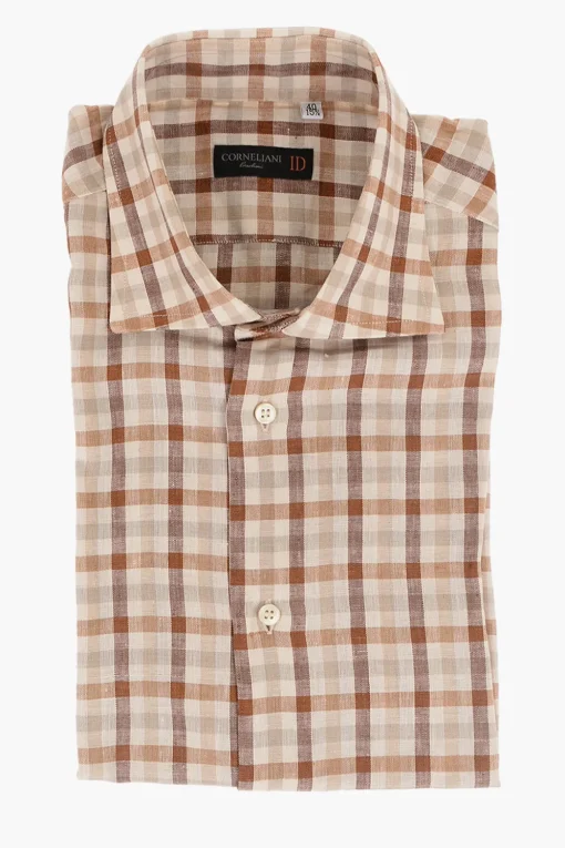 ID Camicia a Maniche Corte in Lino con Motivo Plaid Check>Corneliani Sale