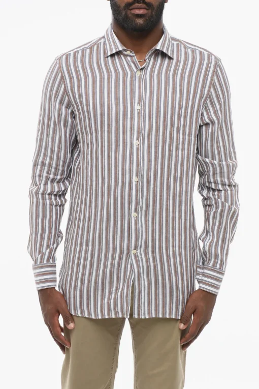 ID Camicia in Misto Lino con Motivo a Righe Balanced>Corneliani Clearance