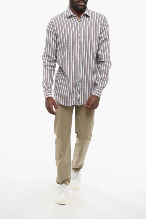 ID Camicia in Misto Lino con Motivo a Righe Balanced>Corneliani Clearance