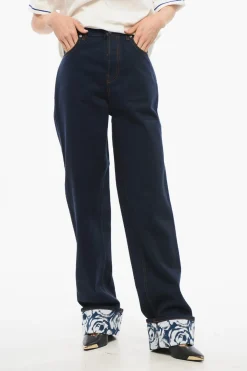 Outlet Jeans a Vita Alta in Denim Lavaggio Scuro con Risvolti Stampati 18cm Donna Jeans