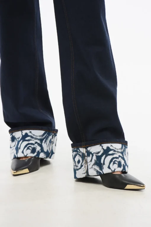 Outlet Jeans a Vita Alta in Denim Lavaggio Scuro con Risvolti Stampati 18cm Donna Jeans