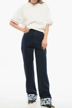 Outlet Jeans a Vita Alta in Denim Lavaggio Scuro con Risvolti Stampati 18cm Donna Jeans