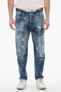 Hot Jeans Bro Fit in Denim Delavè con Cristalli All-Over 18cm Uomo Jeans
