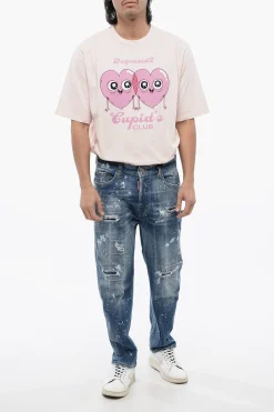 Hot Jeans Bro Fit in Denim Delavè con Cristalli All-Over 18cm Uomo Jeans