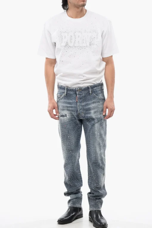 Hot Jeans COOL GUY Stone Washed Con Strass Allover 17 cm Uomo Jeans