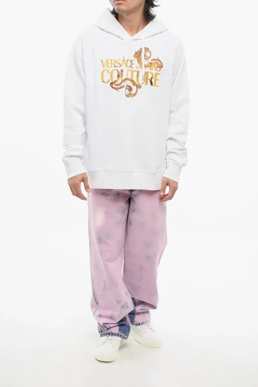 Fashion JEANS COUTURE Felpa Hoodie in Cotone Garzato con Logo Stampato Uomo Felpe