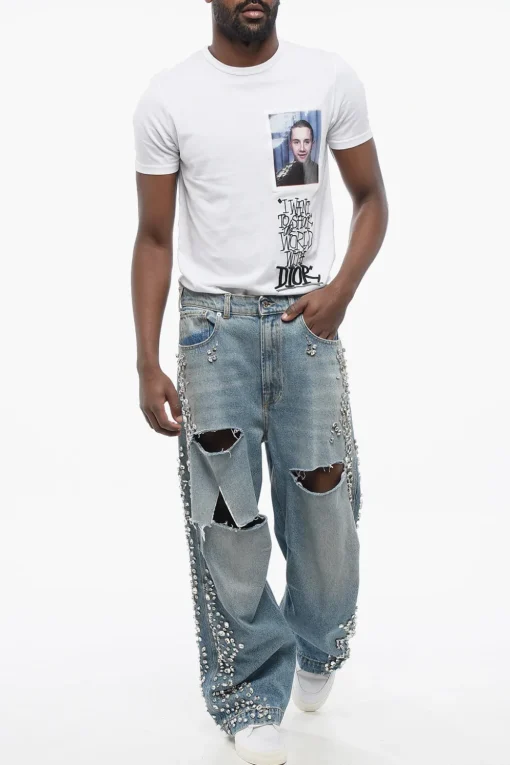Fashion Jeans Distressed Impreziositi da Gioielli 27cm Uomo Jeans