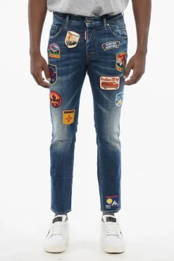 Jeans Skater Fit in Denim Delavè con Toppe Ricamate 15cm>Dsquared2 New