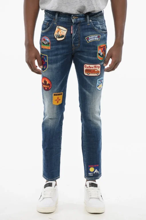 Jeans Skater Fit in Denim Delavè con Toppe Ricamate 15cm>Dsquared2 New