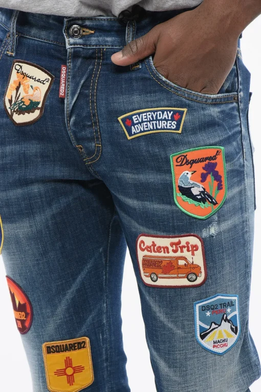 Jeans Skater Fit in Denim Delavè con Toppe Ricamate 15cm>Dsquared2 New