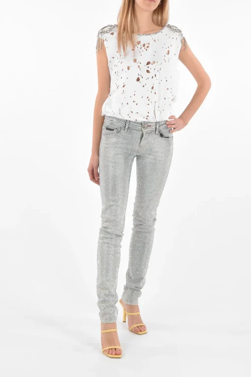 Jeans slim fit con cristalli all-over>Philipp Plein Hot