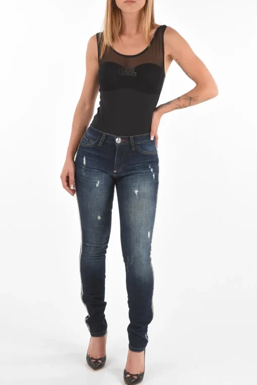 Jeggings CRYSTAL STRIPE in Denim Distressed>Philipp Plein Online