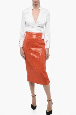 Outlet Longuette in Pizzo e Paillettes con Spacco Posteriore Donna Gonne