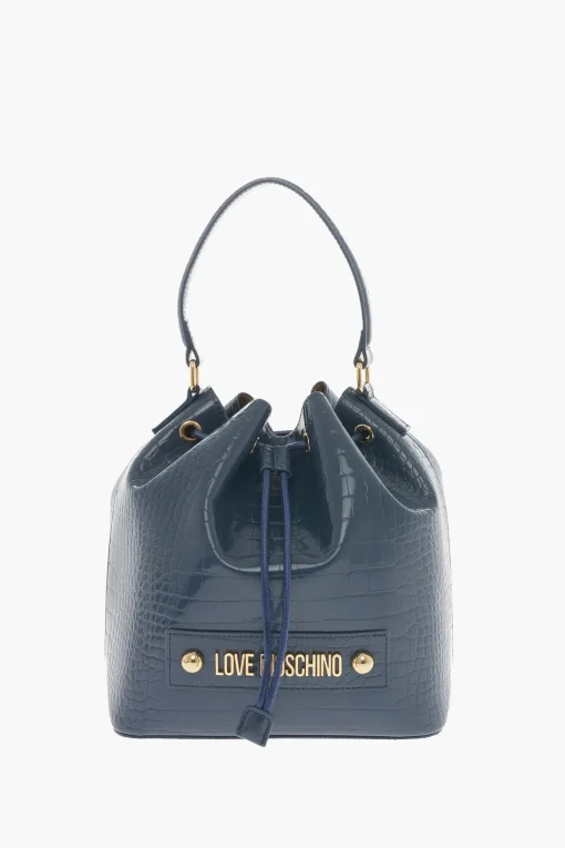 Fashion LOVE Borsa a Secchiello in Ecopelle Effetto Coccodrillo con Maxi Logo in Rilievo Donna Borse A Mano