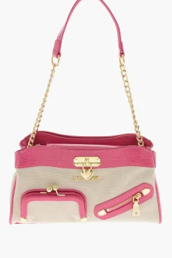 New LOVE Borsa a Tracolla in Tessuto con Rifiniture in Ecopelle Effetto Coccodrillo Donna Borse A Spalla