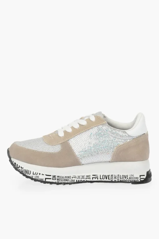 LOVE sneakers in pelle scamosciata con paillettes>Moschino Fashion