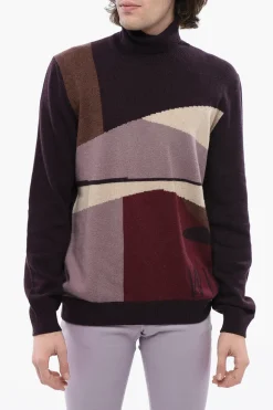 Hot Maglia a Collo Alto in Cashmere con Motivo Multicolor Uomo Maglieria