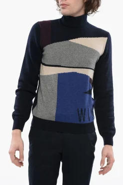 Sale Maglia a Collo Alto in Cashmere con Motivo Multicolor Uomo Maglieria