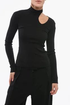 Maglia a Collo Alto in Misto Seta a Costine con Cut-out>Fendi Fashion