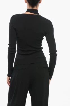 Maglia a Collo Alto in Misto Seta a Costine con Cut-out>Fendi Fashion