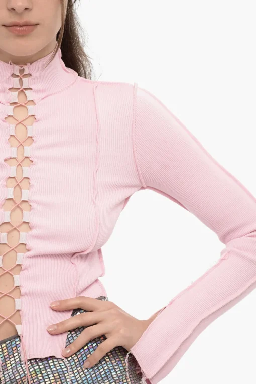 Fashion Maglia a Costine Slim Fit con Dettaglio Lace-Up Donna Maglieria