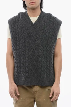 Sale Maglia a Trecce Senza Maniche con Scollo a V Uomo Maglieria