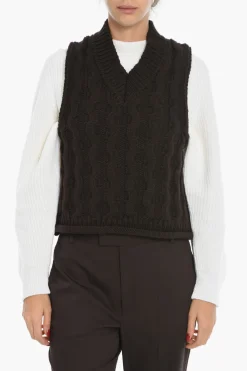Sale Maglia Collo a V HUSKE A Trecce Senza Manica Donna Maglieria