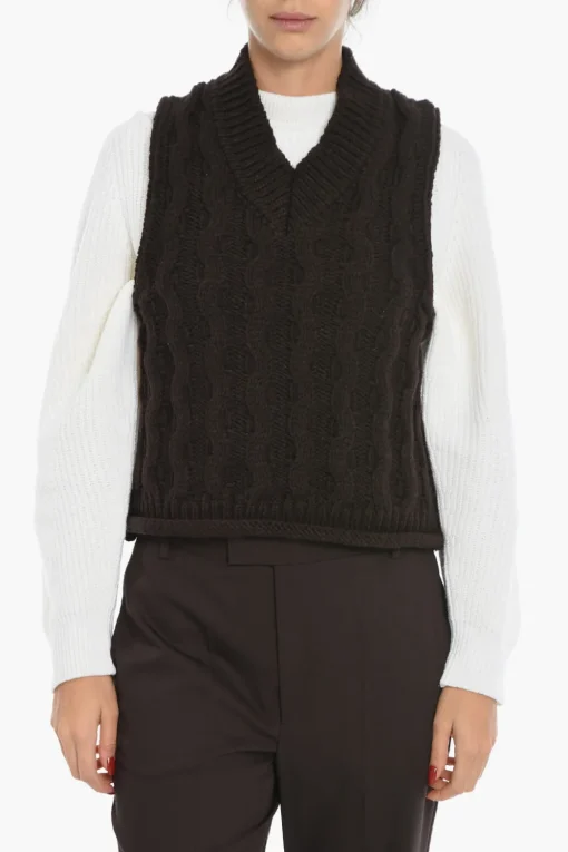 Sale Maglia Collo a V HUSKE A Trecce Senza Manica Donna Maglieria