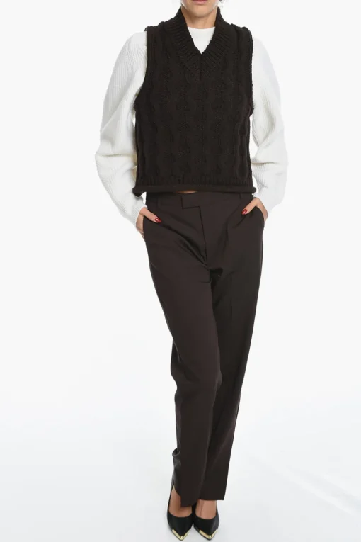 Sale Maglia Collo a V HUSKE A Trecce Senza Manica Donna Maglieria